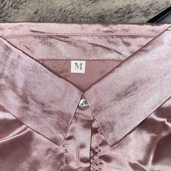 Sheinâlong sleeve collared button up satin feel shirt | Sz M - Picture 3 of 4